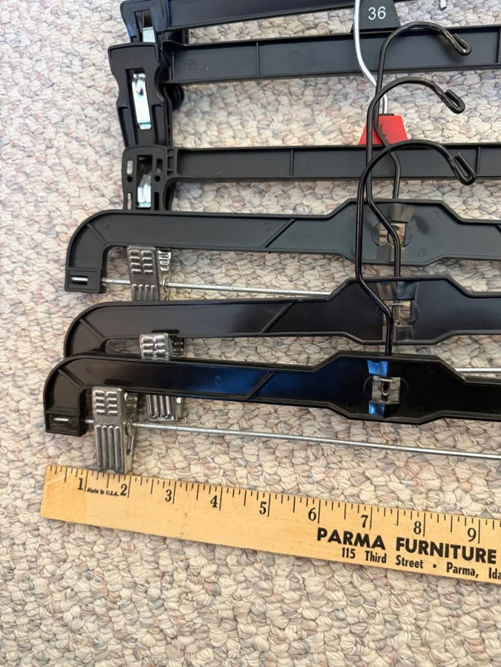 Black Plastic Hangers w/Clips. Set of 11. 14” long. For Skirts, Pants, Slacks.